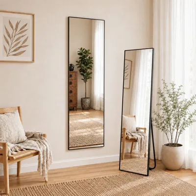 Produktbild von Standspiegel 150x40 cm Schwarz mit Aluminiumrahmen,Ganzkörperspiegel als Wandspiegel, Badezimmerspiegel, Ankleidespiegel,Flurspiegel,Schminkspiegel