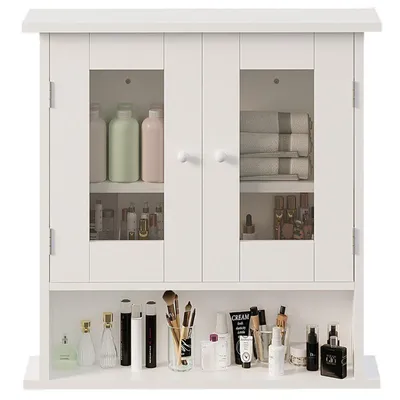 Immagine prodotto di Mobile Da Bagno Sospeso Bianco A 2 Ante In Vetro Da Parete Con Ripiani 58 Cm