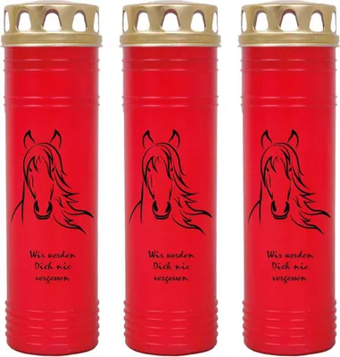 Produktbild von Grabkerze Rot 3er Pack, Brenndauer: 170 Stunden ( je Kerze ), Motiv: Pferdekopf