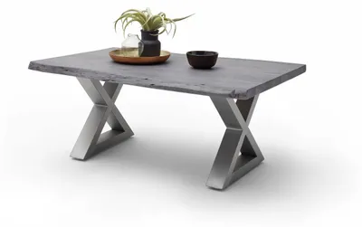 Produktbild von Couchtisch Baumkantentisch Akazie-massiv X-Form rechteckig grau lackiert 110 cm