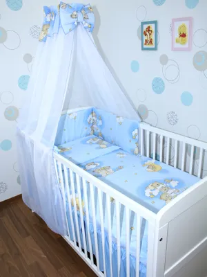 Produktbild von Primawela Baby Bettwäsche Set Bettset - 6 teiliges Set mit Chiffon Himmel Nestchen 23. Bärchen auf Leitern Blau