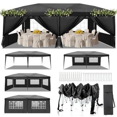 Produktbild von Faltpavillon 3x6m Pop-up Wasserdicht Winterfest Höhenverstellbar UV Schutz 50+ Gartenzelt Partyzelt Stahlrahmen mit 6 Seitenteilen Schwarz
