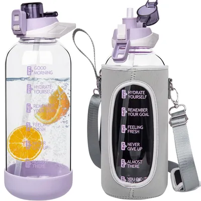 Obrázok produktu pre Veľká sklenená fľaša na vodu s brčkom a časovými značkami, 2 litre
