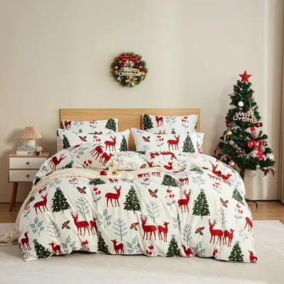 Productafbeelding van Bettenset, 135x200 cm, 80x80 cm, microvezel, wit, kerstmotief, met rits