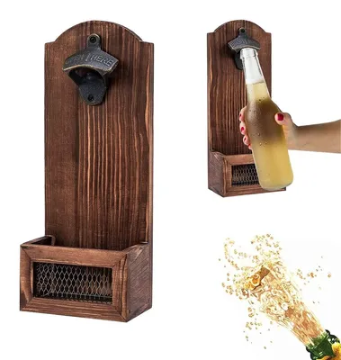 Productafbeelding van Wandmontage Flesopener van Hout met Dopvangbak