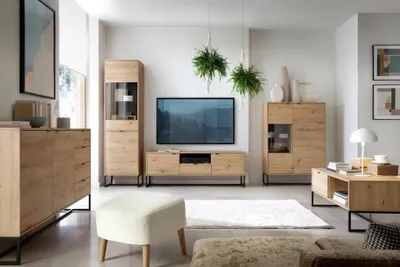 Produktbild von Wohnzimmer-set AMBER 1 Couchtisch + TV-Schrank +Vitrine AWT53 + AWT93 + Kommode AK153 Schwarz Metallfüße Eiche Artisan