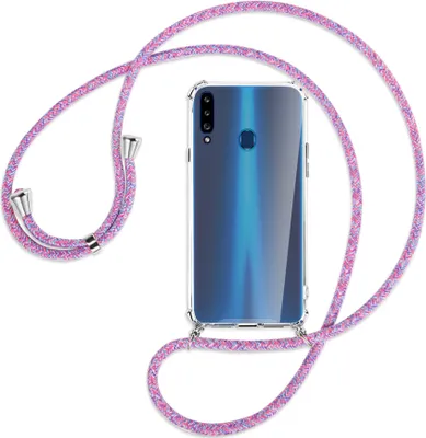 Produktbild von Handykette Backcover-Schutzhülle mit Band (Metall silberfarben) für Samsung Galaxy A20s - lila/rosa/blau