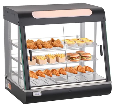 Image de Présentoir chauffant professionnel à 3 niveaux, 1 200 W, avec éclairage LED, compartiment de rangement supérieur et étagères réglables, chauffage à vapeur de 30 à 85 °C, capacité de 106 qt/100 L, pour hamburgers, pizzas, pain et poulet frit