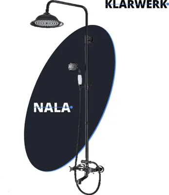 Immagine prodotto di NALA | Set doccia a pioggia vintage in acciaio inox opaco nero | Sistema doccia dal design retrò | Miscelatore doccia completo di doccetta