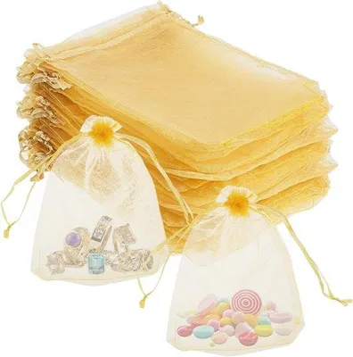 Image de Sacs en organza de 13 cm de hauteur, réutilisables et avec cordon, idéaux pour les mariages, les bijoux, les bonbons et la décoration de fêtes