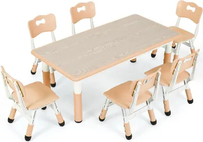 Image de Table pour enfants avec 6 chaises - Set d'activités - Réglable en hauteur - 7 pièces - Table 120x60 cm - Hauteur de table 48/60 cm - Plastique et bois - Jaune