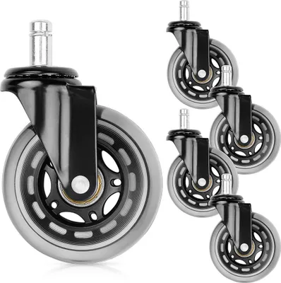 A set of five office chair casters, with one in the foreground and four in the background.