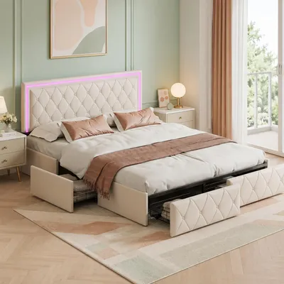 Immagine prodotto di Letto imbottito matrimoniale INONEFT, 140x200 cm, con contenitore e 4 cassetti, struttura letto per ragazzi con rete a doghe, poggiatesta regolabile con LED, rivestito in PU, colore beige