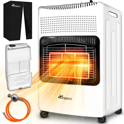 Obrázek produktu pro TRESKO® 4200 W plynový ohřívač bílý včetně regulátoru tlaku plynu plynová hadice + kryt | plynový ohřívač plynový ohřívač keramický se 3 úrovněmi | infračervený plynový ohřívač sálavý ohřívač pro plynové lahve na butan nebo propan do 15 kg