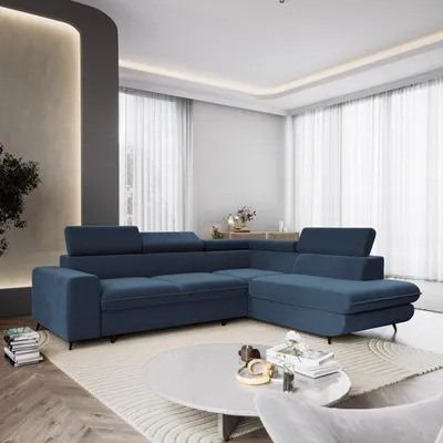 Produktbild von Masseno Ecksofa VELISS mit Schlaffunktion L-Form, Sofa mit Bettkasten, Wohnzimmersofa, Couch, Soffa, Bettsofa, Couchgarnitur- Blau, CASTEL 79