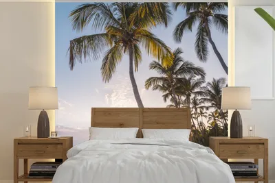 Produktbild von MuchoWow® Fototapete für Wohnzimmer oder Schlafzimmer Wandtapete Vinyl Motivtapete Strand - Sonnenuntergang - Palme - 350x350 cm - Schlafzimmertapete