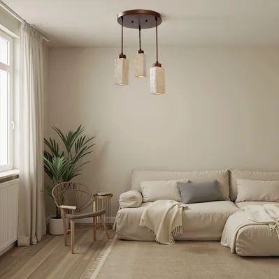 Produktbild von Opviq, Hochwertige Pendelleuchte mit Holzfurnier und Metallkörper, Travertin-Kappe, verstellbare Höhe 23-153 cm, Ø30 cm, Beige und Walnuss, ideal für rustikale Wohnräume.
