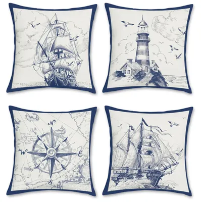 Produktbild von Set aus 4 Kissenbezügen mit nautischem Segelboot- und Kompassmotiv, 45 x 45 cm, Polyester-Leinen, marineblau.