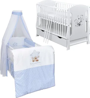 Produktbild von Baby-Delux Babybett Kinderbett Lia 120x60 Teddy Wippe Weiß inkl. Schublade Bettset Komplett Twinkle Star Blau Schaumstoffmatratze