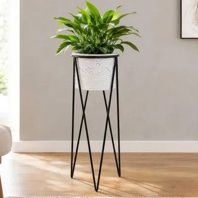 Produktbild von DanDiBo Blumenhocker mit Topf Metall Schwarz Weiß L 75 cm Blumenständer 96043 Blumensäule Modern Pflanzenständer Pflanzenhocker