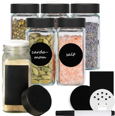 Productafbeelding van Kruidenpotjes set van 6, 120 ml, glazen potjes met zwarte deksels en strooiinzetstukken