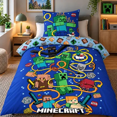 Produktbild von Minecraft Bettwäsche 135x200 80x80cm 2-tlg. Set Slurp Blau 100% Baumwolle mit Reißverschluss