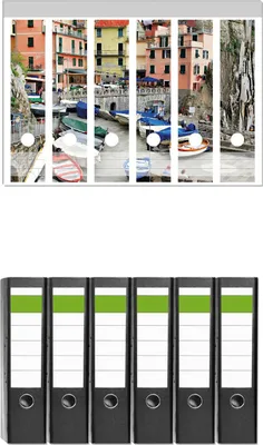 Produktbild von Wallario 6 Stück breite Ordner inkl. Klebeetiketten mit Motive Bunter Hafen in Italien -  Set mit Rückenschildern / Ordnerrücken Stickern