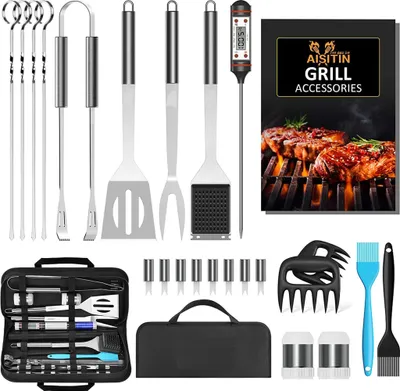 Produktbild von Grillbesteck-Set 25-tlg. – BBQ Grillbesteck Tool Set aus Edelstahl mit Koffer & Grillmatte, hitzebeständig, rutschfest, tragbar, perfekt für Party & Camping