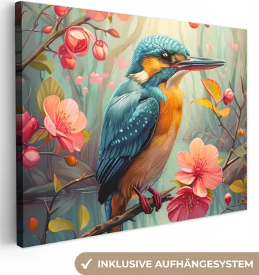 Produktbild von MuchoWow® - Leinwandbilder - Eisvogel - Blüte - Natur - Vögel - Blumen, Wandbild, Wanddeko Bilder Wohnzimmer, 80x60 cm