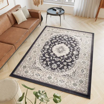 Produktbild von Teppich Wohnzimmer Schlafzimmer Kurzflor Design Klassisch Creme Schwarz Meliert 250 x 350 cm