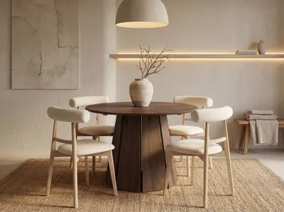 Produktbild von Runder Esstisch Ausziehbar 100-180 cm mit 2x 40 cm Einlegeplatten für 4-8 Personen – Skandi Japandi Design Minimalistisch Platzsparend für Küche & Esszimmer in Wallnuss Dunkelbraun
