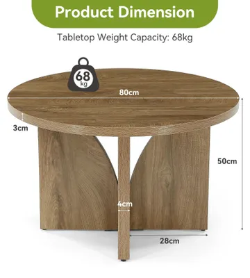 Obrázok produktu pre Krúhly konferenčný stolík, priemer 80 cm - konferenčný stolík do obývačky, drevený stolík do menších priestorov, vzhľad v štýle vintage, jednoduchá montáž, farba: hnedá