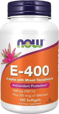 Image de Vitamine E-400 Tocophérols mélangés avec sélénium 100 capsules molles Now Foods