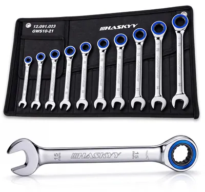 Produktbild von HASKYY Ratschenschlüssel Gearless Set 10-tlg. 8-19mm mit 3° Rückholwinkel