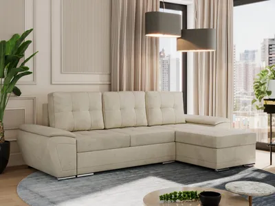 Produktbild von MKS MEBLE Sofa mit Schlaffunktion - Ecksofa mit Schlaffunktion und Bettkasten - Sofa 3 Sitzer - Schlafsofa - Couch - Schlafsofa mit Bettkasten - Umbria L - Beige Velvet