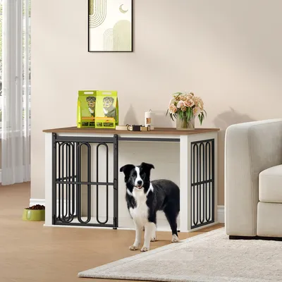 Zdjęcie produktu dla Klatka dla psa – mebel drewniany w kolorze białym i brązowym z drzwiami przesuwnymi – 100 x 60 x 62 cm