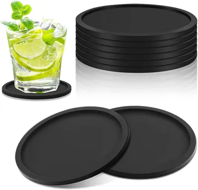 Produktbild von Silikon-Untersetzer – Rutschfest und hitzebeständig – Silikon-Glasuntersetzer mit Rand für Getränke – Tassen und Gläser – Schwarz (10 Stück)