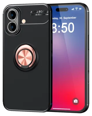 Zdjęcie produktu dla Etui NALIA do iPhone 16 Plus – z pierścieniem jako podstawką (360°) i kompatybilne z uchwytami magnetycznymi – GRIP360 (matowe silikonowe etui) – marka z Berlina – różowe złoto