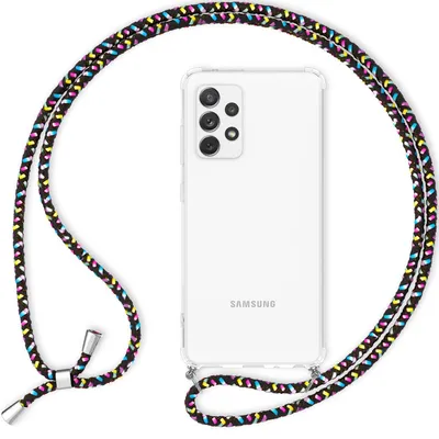 Produktbild von NALIA Handyhülle mit Kette für Samsung Galaxy A53, Transparente Schutzhülle & Handy-Schnur zum Umhängen, Robust Vergilbungsfrei Klar, Hardcase & Silikon Rahmen Schwarz Bunt