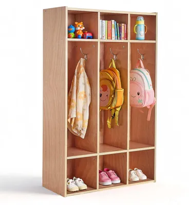 Produktbild von VEVOR Offener Kinderkleiderschrank aus Sperrholz, Kindergarderobe mit 6 Haken & 9 Fächern (3 Groß + 6 Klein), Garderobenregal & Aufbewahrungsregal für Kinderzimmer Zuhause Kindergarten Kita