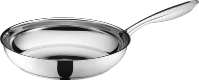 A stainless steel frying pan on a white background.