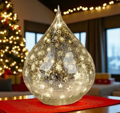 Produktbild von formano LED Deko Tropfen Sterne Silber 16 cm Glasleuchte Crackle-Optik mit Timer