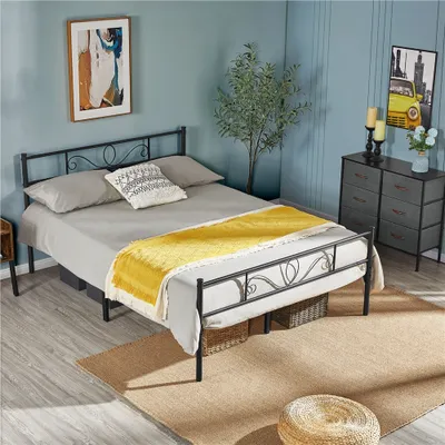 Produktbild von Yaheetech Metall Bettrahmen, 140x200 cm, Schwarz, Industrieller Stil, Gästebett, mit Lattenrost, hohem Kopfteil, wasserabweisend, viel Stauraum (Bodenfreiheit 32,5 cm), Gesamtmaße: 208L x 146,5B x 88,5H cm, belastbar bis 272 kg
