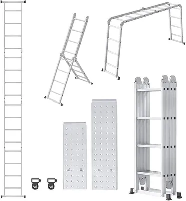 Imagen del producto de Escalera multifunción 6 en 1: Escalera de aluminio de uso general con plataforma, 4,7 metros. Escalera plegable multifuncional, escalera de trabajo, escalera doméstica, con capacidad de hasta 150 kg, con 4 escalones y 2 plataformas