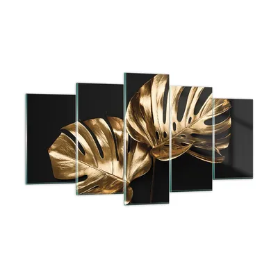 Produktbild von Bilder auf glas - 5 Teile - Golden Blätter Monster - 160x85cm - Glasbilder - Wandbilder - Bilder - zum Aufhängen bereit - Wanddekoration aus Glas - Glas Bilder - Wandbild auf Glas - GEA160x85-4735