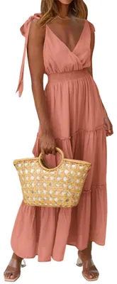 Image de PRETTYGARDEN : Robe longue d'été sans manches, décolleté bateau, coupe évasée, idéale pour la plage. (Modèle pour femmes)