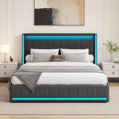 Obrázek produktu pro UnboxG Čalouněná postel 140x200cm s USB, úložný prostor manželská postel s roštem a 4 zásuvkami, postel pro mladé s LED, dřevěná postel funkční postel, povlečení, šedá barva