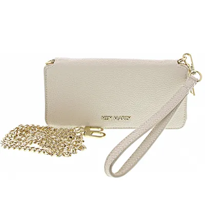 A cream-colored clutch bag with a gold chain and wrist strap is displayed against a white background.