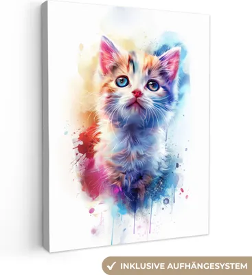 Produktbild von MuchoWow® - Leinwandbilder - Katze - Porträt - Farben - Farbe - Weiß, Wandbild, Wanddeko Bilder Wohnzimmer, 90x120 cm