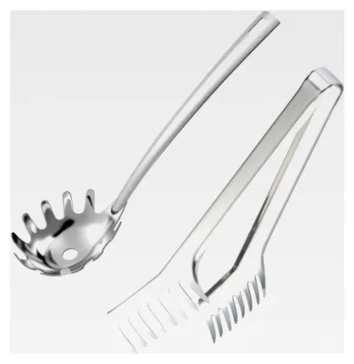 Produktbild von 2 Stück Spaghettilöffel und Spaghetti-Gabel Set, praktische Küchenhelfer für das Servieren und die Aufbewahrung von Pasta, mit Aufhängeöse aus Edelstahl, spülmaschinengeeignet